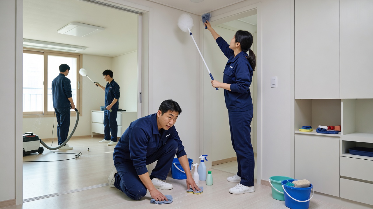 평수별 입주청소가격 차이를 보여주는 아파트 청소 장면